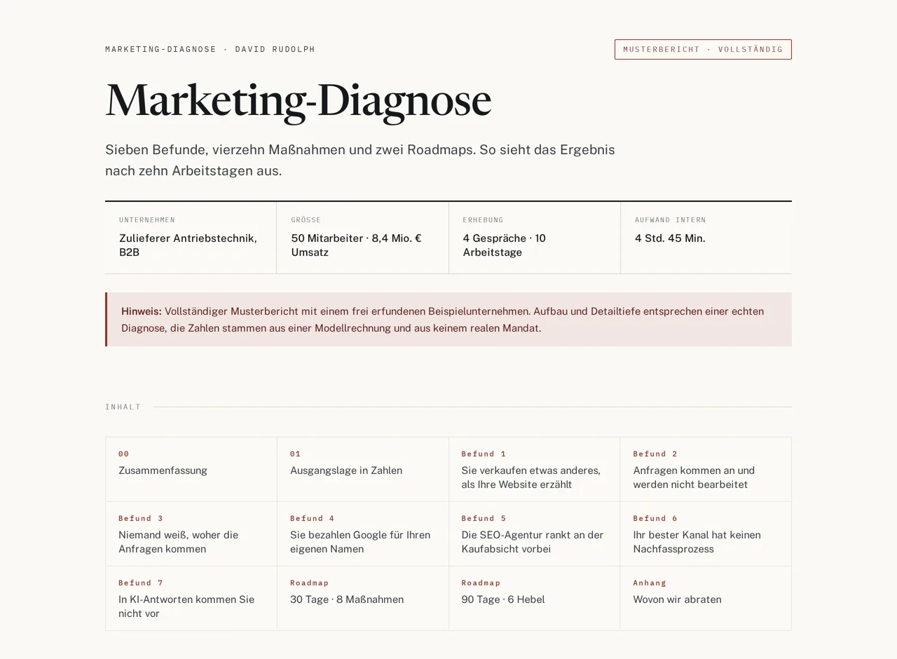 Titelseite des Musterberichts der Marketing-Diagnose mit Befunden und Roadmaps